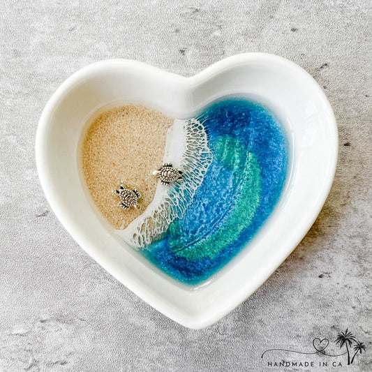 Small Heart Baby Sea Turtle Ring Dish with Real Beach Sand