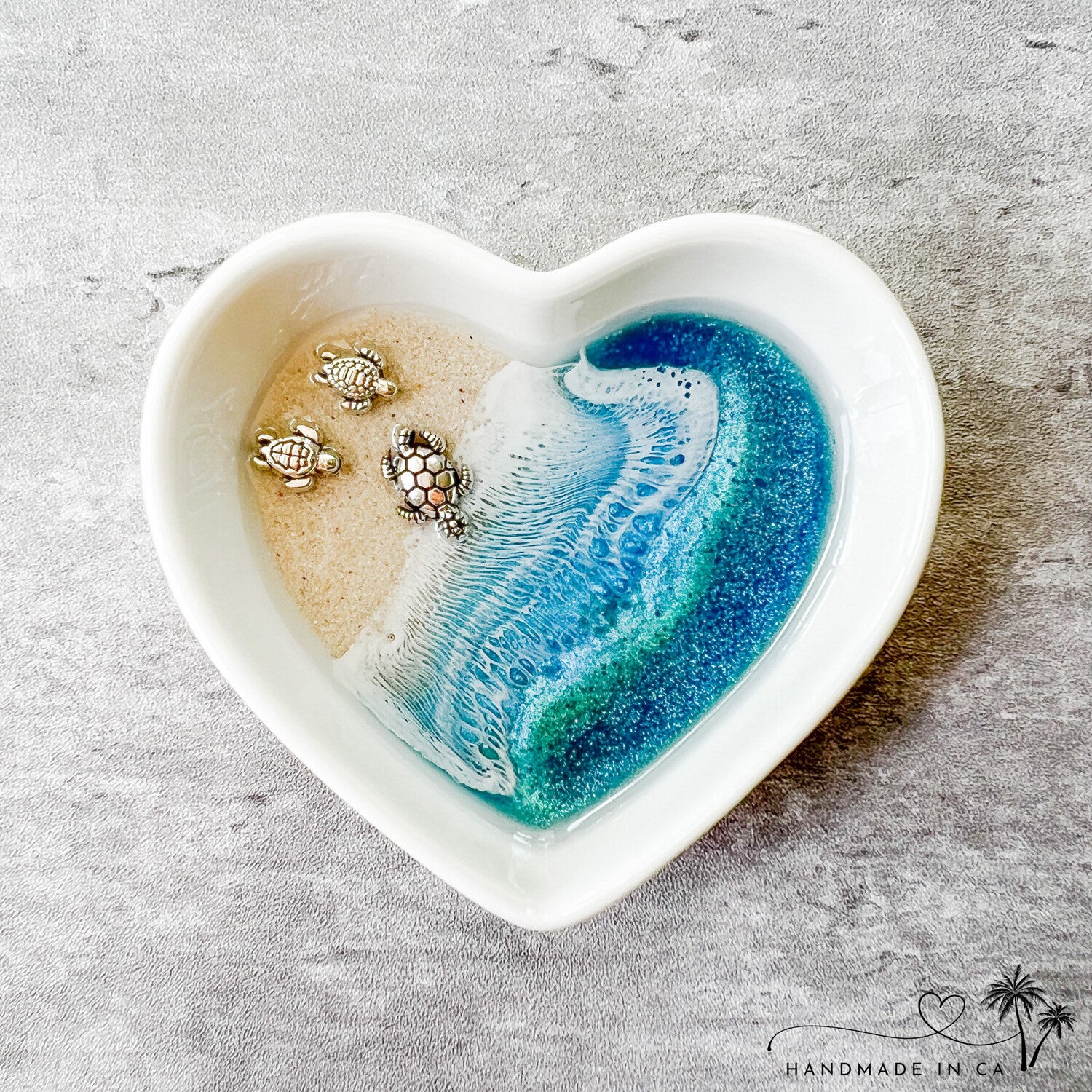 Small Heart Baby Sea Turtle Ring Dish with Real Beach Sand – Handmade in CA