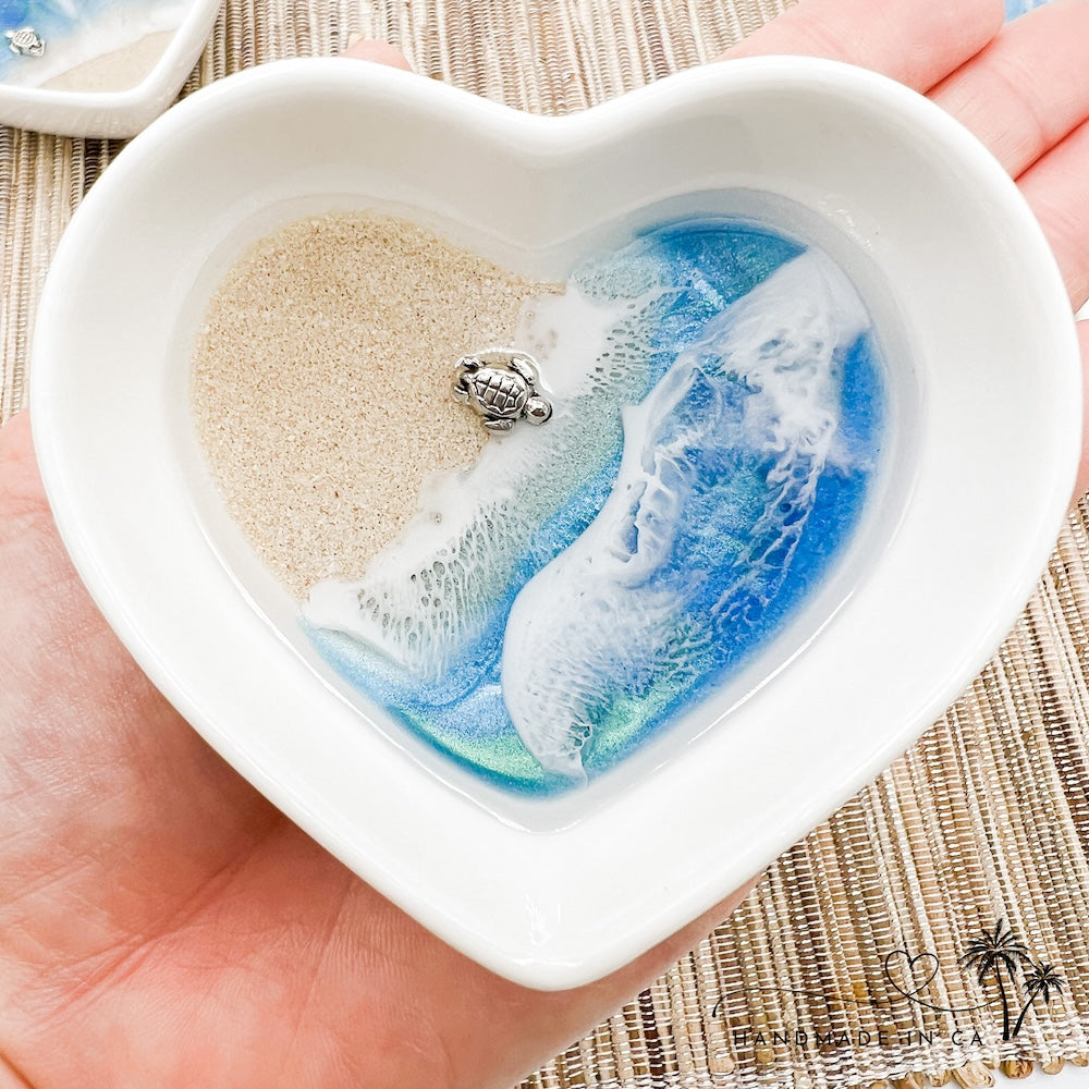 Small Heart Baby Sea Turtle Ring Dish with Real Beach Sand – Handmade in CA